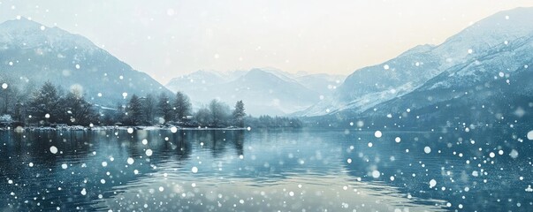 Poster - Serene winter landscape featuring snowflakes falling over a tranquil lake, surrounded by majestic mountains and soft blue hues.