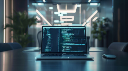 Poster - software codes display on screen of a laptop on the table in modern office, web development software