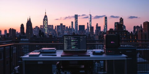 A detailed shot of a mobile workstation on a city rooftop, with the skyline providing an inspiring backdrop