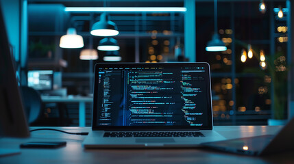 Poster - software codes display on screen of a laptop on the table in modern office, web development software