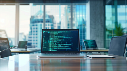 Wall Mural - software codes display on screen of a laptop on the table in modern office, web development software engineering cybersecurity 