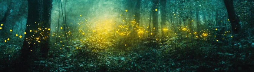 Poster - A mystical forest illuminated by glowing fireflies, creating a serene and enchanting atmosphere in nature.