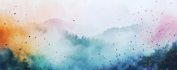 Poster - A serene watercolor landscape showcasing vibrant colors blending gently into a misty forest background, perfect for artistic projects.