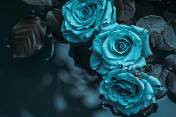 Wall Mural - Beautiful Bright Teal Colored rose flowers. roses on a mirror with a perfectly solid black background. macro photography roses with wide angle lens and high contrast