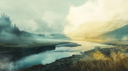 Aufkleber - Serene landscape with a winding river, misty mountains, and soft light creating a tranquil atmosphere.