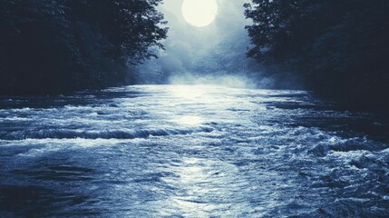 Aufkleber - A serene river under the moonlight, surrounded by trees, evoking tranquility and natural beauty in a blue-toned landscape.