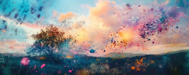 Aufkleber - A mesmerizing landscape with vibrant colors, swirling clouds, and a solitary tree under a dreamy sky, evoking tranquility and beauty.