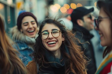 Poster - Friends laughing on urban sidewalk