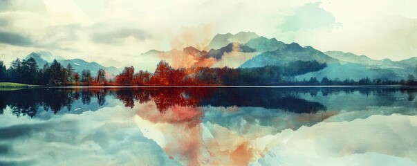Poster - A serene landscape depicting mountains and a calm lake, infused with watercolor hues, evoking tranquility and natural beauty.