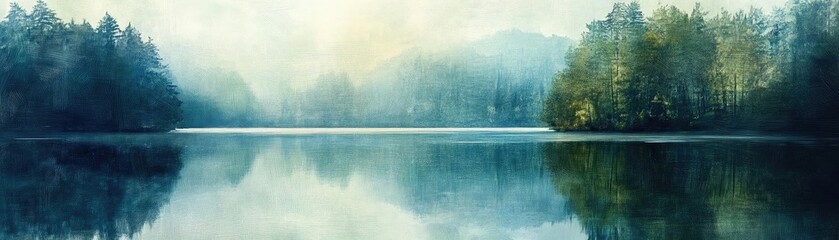 Aufkleber - A serene landscape featuring a calm lake surrounded by misty mountains and lush greenery, perfect for nature lovers and tranquility seekers.