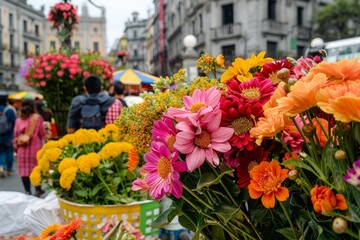 Poster - Vibrant Flowers Adorn City Marketplace