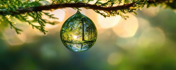 Poster - A close-up of a water droplet on a green leaf, reflecting a vibrant forest, symbolizing nature's beauty and tranquility.