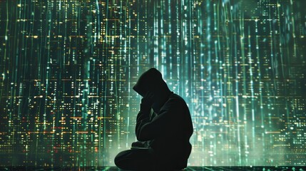Leinwandbilder - A hacker in a hoodie sits focused in front of a computer, illuminated by a large screen filled with cascading green code, absorbed in their work. Generative AI