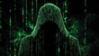 © uut - Shadowy figure in a hooded jacket standing against a backdrop of digital data code