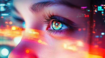 Poster - A close-up view of a captivating eye reflecting vibrant city lights, showcasing depth and modern aesthetics.