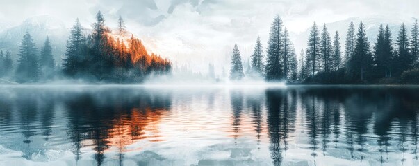Poster - Serene landscape featuring misty mountains and a tranquil lake reflecting vibrant colors of nature.