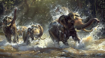 Poster - Elephants are joyfully splashing in the river, enjoying a playful afternoon amidst the vibrant greenery. Generative AI