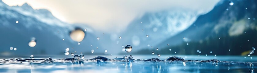 Poster - A serene mountain landscape reflecting in crystal-clear water with gentle raindrops creating ripples on the surface.