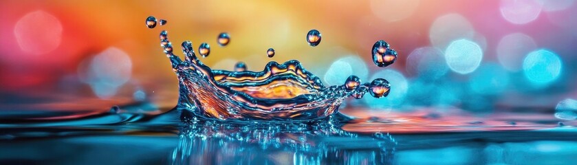 Poster - A vibrant splash of water creating stunning ripples, set against a colorful blurred background that enhances its beauty.