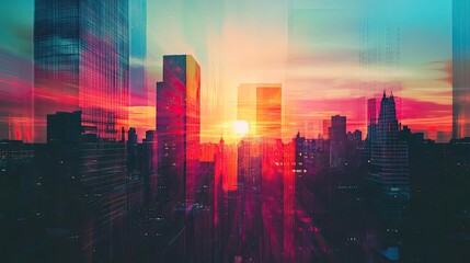 Aufkleber - A vibrant sunset behind city skyscrapers, showcasing a blend of colors, light, and modern architecture, creating a stunning urban scene.