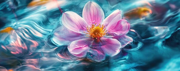 Poster - A stunning pink flower floating on tranquil water, surrounded by gentle ripples, creating a serene and vibrant atmosphere.