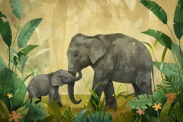 Poster - A mother elephant gently interacts with her playful calf amid vibrant foliage in a serene jungle setting during the evening. Generative AI