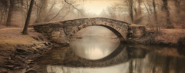 Aufkleber - A serene stone bridge reflected in calm water, surrounded by tranquil nature. Captivating autumn scenery in soft, warm tones.