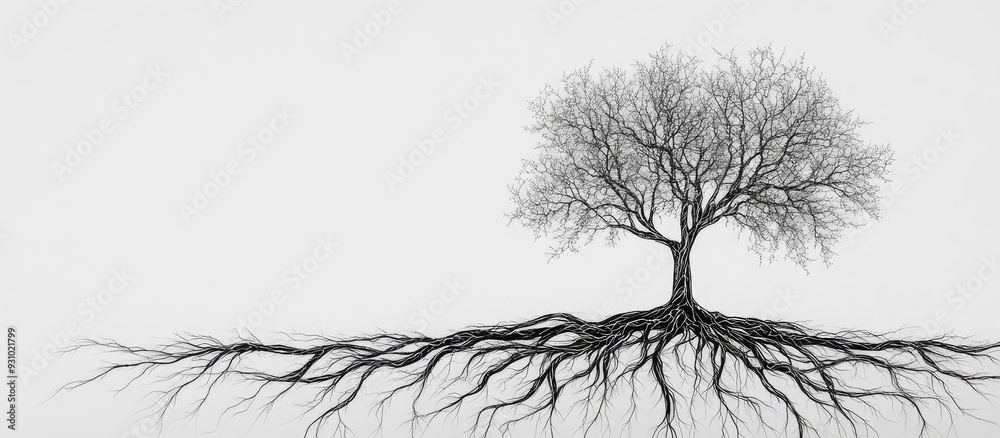 A minimalist black and white image of a tree with visible roots ...