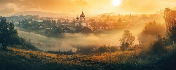 Poster - A serene sunrise over a picturesque village, with mist rising from the river and soft golden light illuminating the landscape.