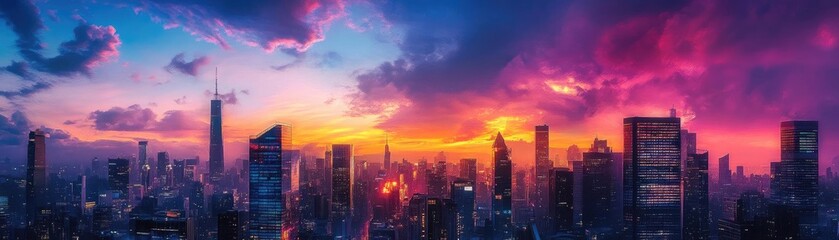 Poster - A stunning city skyline at sunset, with vibrant colors illuminating the clouds and buildings, creating a breathtaking urban atmosphere.