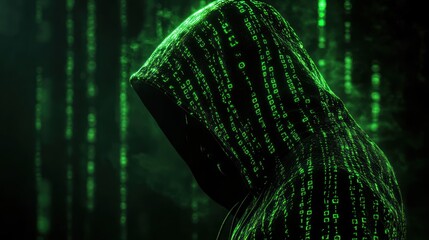 Shadowy figure in a hooded jacket standing against a backdrop of digital data code