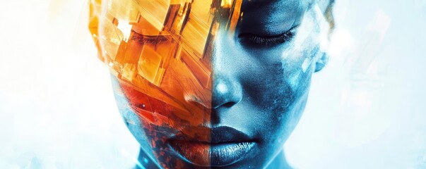 Aufkleber - A futuristic portrait blending human and technology, showcasing the harmony of synthetic and organic elements in vibrant colors.