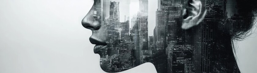 Poster - A creative double exposure portrait blending human silhouette with urban cityscape, symbolizing the connection between humanity and modernity.