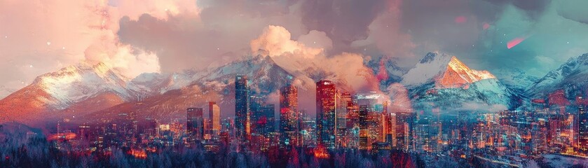 Aufkleber - A vibrant city skyline nestled among majestic mountains, showcasing a stunning sunset with colorful clouds and a serene atmosphere.