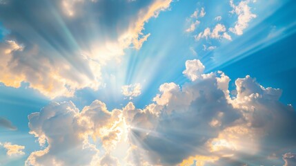 Poster - Sunny day with sun rays peeking through white clouds, vibrant sky