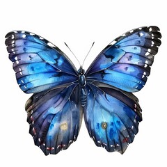 Watercolor painting of a blue morpho butterfly, with its wings showcasing vibrant shades of blue, on isolated white background