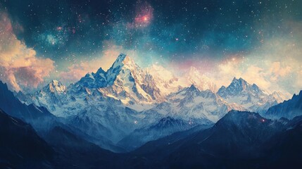 Aufkleber - Breathtaking mountain landscape under a starry sky, showcasing majestic peaks and vibrant colors, perfect for nature enthusiasts.