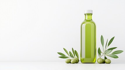 Poster - Organic olive oil bottle, with fresh olives and leaves, 3D illustration