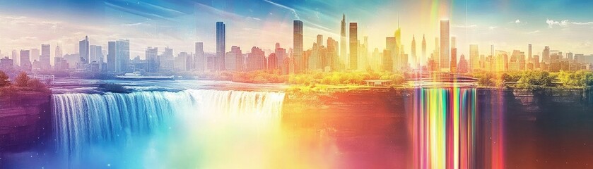 Poster - A vibrant urban skyline merging with cascading waters, highlighted by a spectrum of colors, symbolizing energy and beauty.