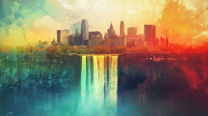 Aufkleber - A vibrant landscape featuring a stunning waterfall with a city skyline and colorful sky, perfect for nature and urban themes.