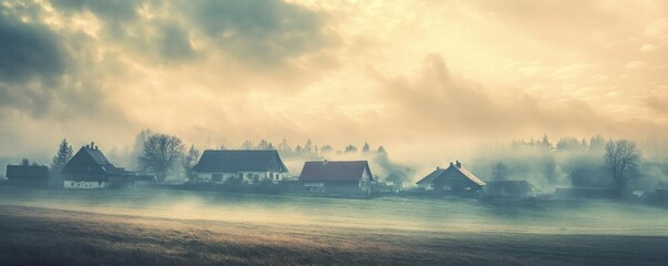 Poster - A tranquil landscape featuring a village shrouded in morning mist, with soft light filtering through the clouds.