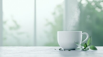 Poster - Organic herbal tea, steaming cup with herbs on side, 3D illustration