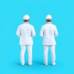 two engineers discussing strategy on turquoise background