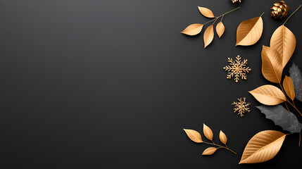 Wall Mural - Elegant Gold Christmas Ornament Flat Lay with Black Background