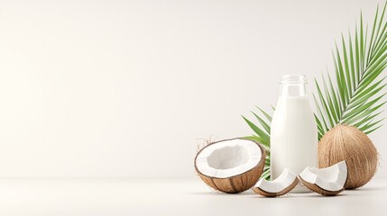 Poster - Organic coconut products, oil, milk, and flesh, 3D illustration