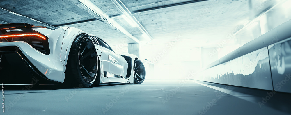 Sports tuned car. Urban background. Garage docs parking industrial area ...