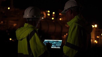 Wall Mural - Team Engineer working at night shift with laptop Inside Oil Refinery Gas Chemical plant. Senior Engineer wearing safety jacket and PPE working about Petrochemica Chemical Prodiction 