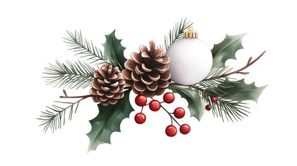 Wall Mural - Watercolor Christmas Ornament with Pine Cones and Holly for Festive Designs