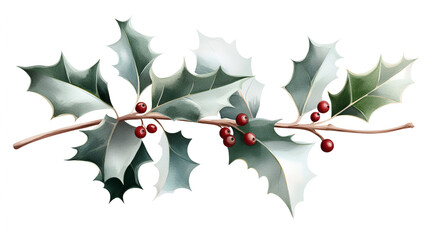 Wall Mural - Watercolor Holly Sprig with Red Berries for Festive Designs