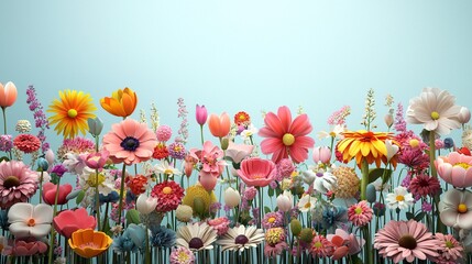 Organic flower garden, vibrant blooms in full array, 3D illustration